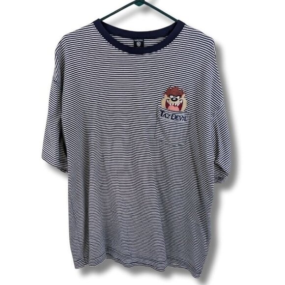 Vintage 90s Taz Devil Striped Tee XL Warner Bros Embroidered Pocket - Picture 1 of 6